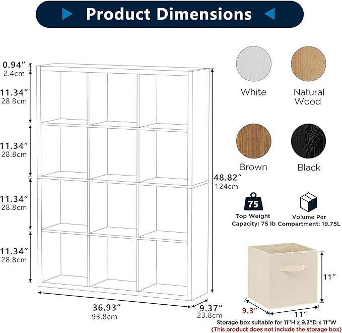 Jpiziso 12-Cube Storage Organizer, Wooden Cube Shelf Bookcase with Reinforced Thick Shelves, Heavy-Duty 36.93" L x 9.37" W x 48.82" H, for Living Room Bedroom Home Office, Brown