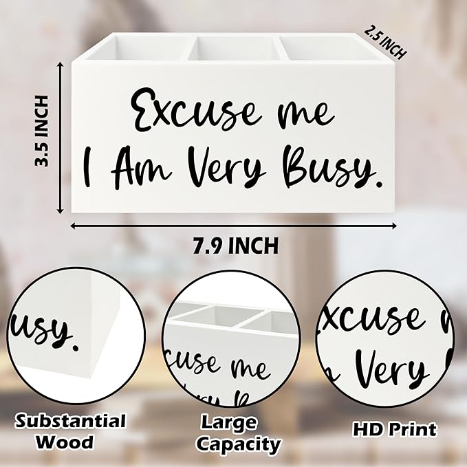 QZQE Funny Pen Pencil Holder Organizer for Desk, Funny Office Decor, Excuse Me I Am Very Busy Wooden Box Signs Decorations for Home Workplace Office Desk Tabletop
