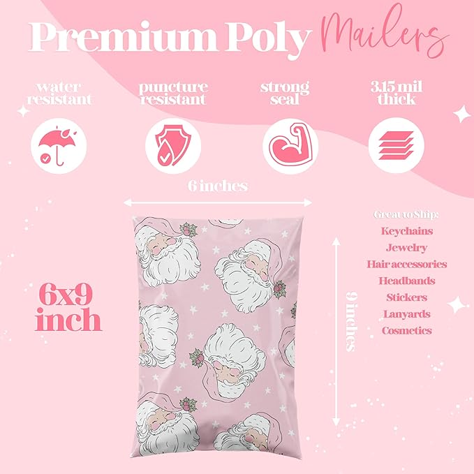 Pretty Package Store 10x13 Designer Christmas Holiday Poly Mailer 100 Pack Heavy Duty Waterproof Self Seal Shipping Bags Large Mailing Envelopes Bulk Tear Resistant Cute Packaging Pink Santa
