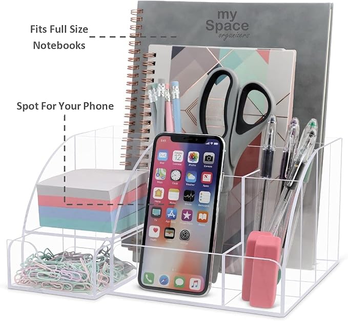 My Space Organizers Clear Acrylic Desk Oganizer, 9 Compartments, Office Supplies and Desk Accessories Organizer, Home Decor Desktop Organizer (Clear)