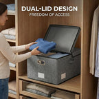 PRANDOM Storage Bins with Lids [3-Pack] Linen Fabric Foldable Storage Boxes Organizer Containers Baskets Cube with Cover for Bedroom Closet Office Grey(23.4X15.9X11.4)