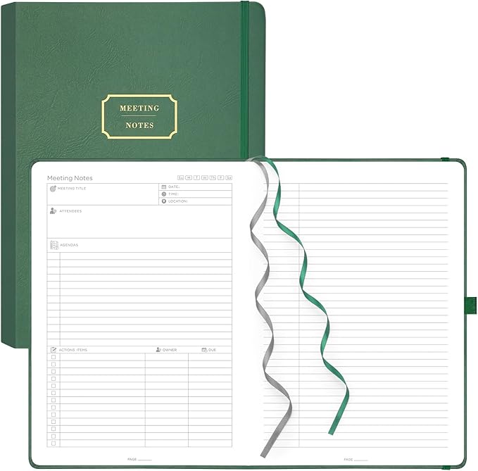 EMSHOI Meeting Notebook for Work with Sticky Tabs - 240 Pages, A4 Size Project Planner, PU Leather Meeting Agenda/Minutes Organizer for Women Men Note Taking Office Business, 8.3"x11.7", Dark Green