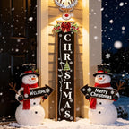 Double-sided Merry Christmas Wooden Sign Stand with Magnetic-adhesive Wreath for Front Door, 47" Farmhouse Vertical Snowman Welcome Porch Sign, 2in1 Tall Xmas Porch Leaner Decor