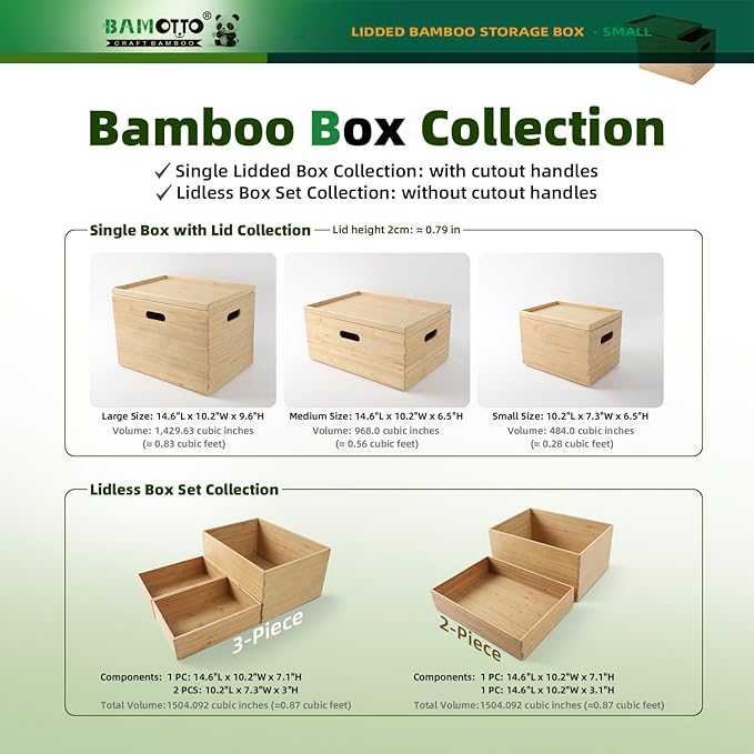 BAMOTTO Lidded Bamboo Storage Bins & Box/Cube/Basket, Home Kitchen and Office Storage Boxes with Handles & Stackable for Organizer Tableware, Clothing, Toys, Office Shelf Books, 10.2”x7.3”x6.5”