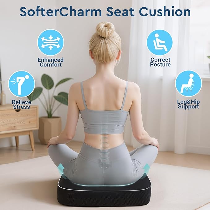 SofterCharm Seat Cushion, Memory Foam Office Chair Cushions for Long Sitting Hours, Chair Pad for Sciatica, Coccyx, Tailbone, Hip Pain & Pressure Relief, Office, Home,Car Seats,Airplane, Black/X-Large