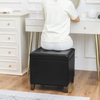 Adeco Black Faux Leather Storage Ottoman Bench with Solid Wood Legs, 18.8" Square Black PU Cube Foot Stool, Upholstered Button Tufted Vanity Chair with Hinged Lid for Living Room, Bedroom, Dorm