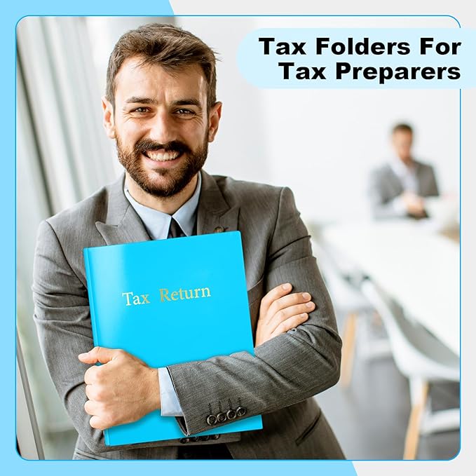 Harloon 40 Pcs Plastic Tax Return Folders 12 x 9 Inches 2 Pocket Folders Bulk Gold Foil Stamped Heavyweight Folder, Holds 8 x 11 Inches Letter Size Paper(Blue)
