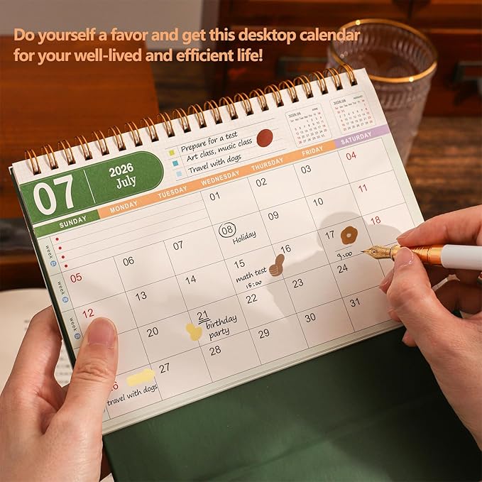 Small Desk Calendar 2026, Standing Flip Desktop Calendar from January 2026 to June 2027 - Metal Ring Twin-Wire Binding Monthly Desktop Calendar for Home Office School (Green)