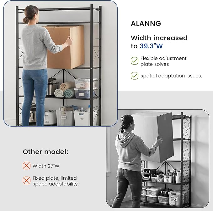 ALANNG 40" W Foldable 5-Tier Storage Shelves with Wheels, Adjustable & Removable Metal Rack, Heavy Duty Rolling Organizer for Kitchen, Garage, Closet, Pantry, and Office (Black,2 Pack)