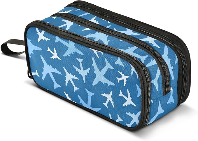 BOENLE Airplanes Blue Pencil Case Box Boys Girls Large Pencil Pouch with Zipper Compartments Big Capacity Stationery Pen Bag Organizer for Kids Teens Adults School