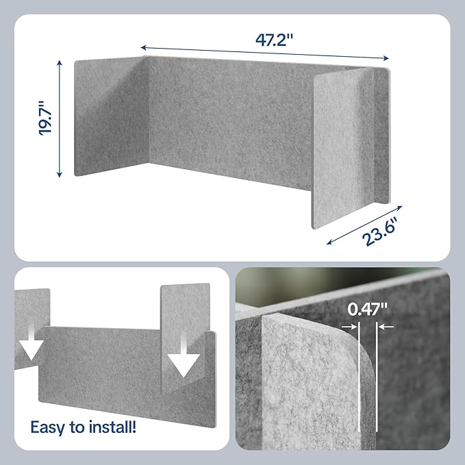 Keemute Desk Divider Privacy Screen 3 Panel Sound Absorbing - 47.2”x 23.6”x 19.7” Freestanding Acoustic Partitions for Office, Noise Reducing Panels for School, Home, Library,Sliver Grey