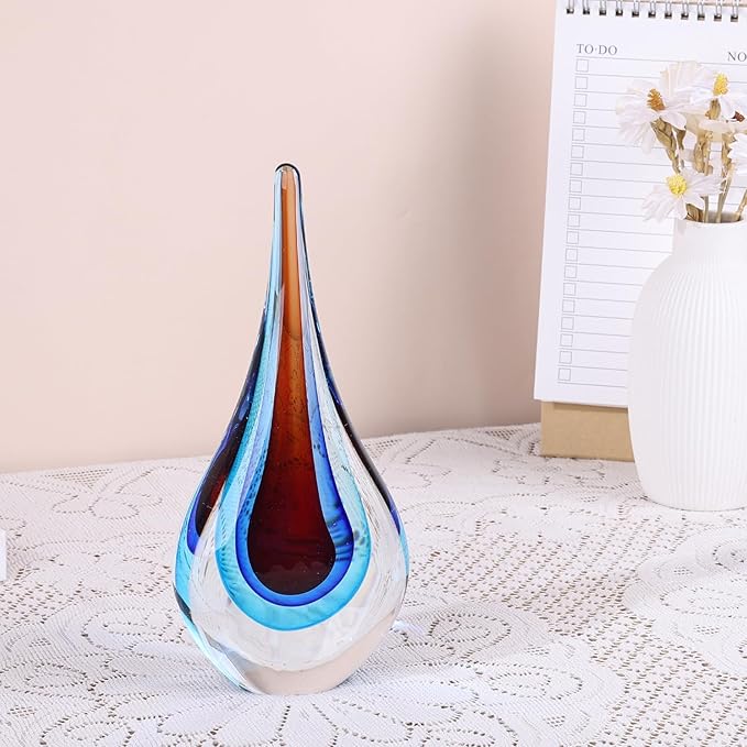 9" Tall Sculpture Hand Blown Glass Decor, Paperweight for Office Desk, Modern Glass Art Figurines Mediterranean Beach House Decor, Living Room Coffee Shelves Table Top Decoration (Red Blue)