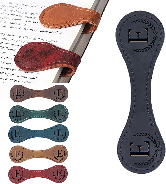Personalized Magnetic Leather Bookmark, 26 Letters Custom Leather Bookmarks, Handmade, Leather Magnetic Bookmark for Book Lovers Readers Women Kid(Black，E）