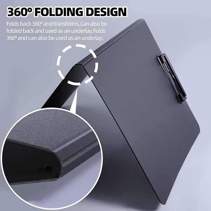 FRETONBA Clipboard Folder, 5 Pack A4 Foldable Clipboard with Horizontal and Vertical Double Metal Clips, 360 Degree Foldable Binder Clipboards with Pen Holder, File Cover Folder Clipboards, Black