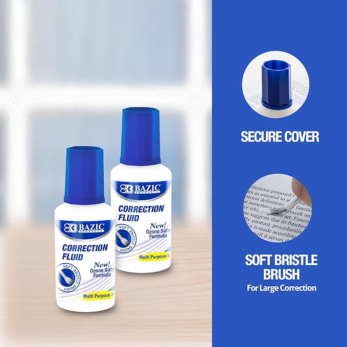 BAZIC Products Correction Fluid (0.7 oz / 20 ml), Soft Bristle Brush Applicator, Instant Corrections Pen White Out Wipe Out Liquid (2/Pack), 2-Packs