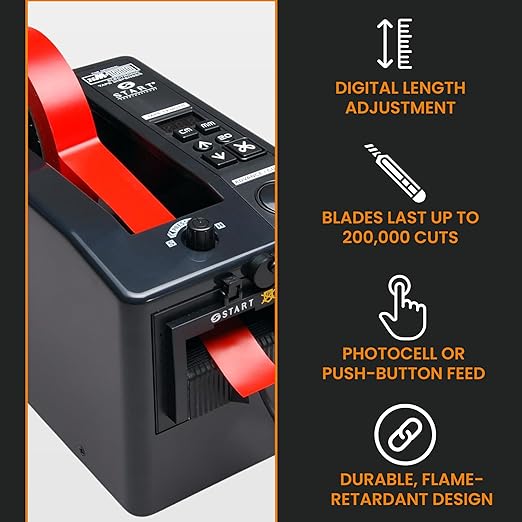 START International ZCM1000 Electric Tape Dispenser – Automatic Adhesive Tape Cutting Machine with Adjustable Feed Roller, Steel Frame, LED Display - for 0.28"-2" Tapes
