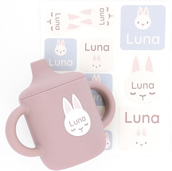 Large Name Labels for Kids (33) - Custom Stickers for Daycare and School Supplies - Durable, Waterproof Stickers for Water Bottles, Lunch Boxes, and More with Unique Designs - Bunny