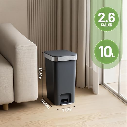 accep Bathroom Trash Can with Lid, 2.6 Gallon /10 Liter Small Garbage Can, Press Top Bin & Step Metal Pedal Trash Bin Wastebasket for Bedroom, Office, Kitchen, Dorm (Black Gray)