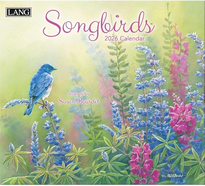 Lang Songbirds 2026 Wall Calendar – 13.4" × 12", 12-Month Calendar with Stapled Binding, Linen-Embossed Art by Susan Bourdet, Colorful Bird Illustrations