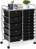 COSTWAY 15 Drawer Rolling Storage Cart, Multipurpose Mobile Storage Organizer w/Removable Drawers & Metal Frame, Utility Tools Paper Organizer on Wheels for Home, Office (Black)