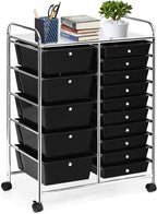 COSTWAY 15 Drawer Rolling Storage Cart, Multipurpose Mobile Storage Organizer w/Removable Drawers & Metal Frame, Utility Tools Paper Organizer on Wheels for Home, Office (Black)