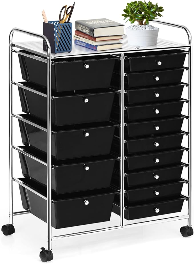 COSTWAY 15 Drawer Rolling Storage Cart, Multipurpose Mobile Storage Organizer w/Removable Drawers & Metal Frame, Utility Tools Paper Organizer on Wheels for Home, Office (Black)