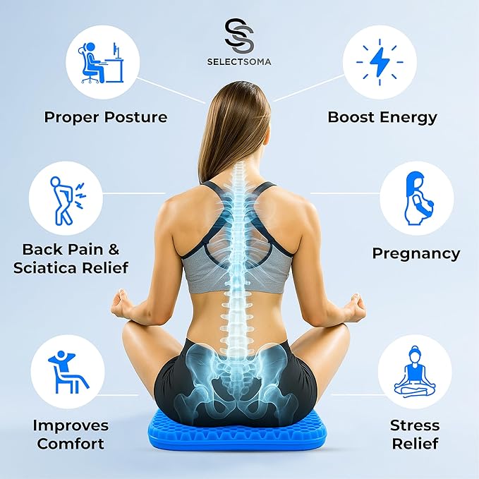 SelectSoma Double-Thick Gel Seat Cushion for Long Sitting Pressure Relief for Back, Sciatica, Coccyx, Tailbone Pain - Cushion for Office Chair, Wheelchair, Car & Truck, Patio Chairs - Egg Seat Pad