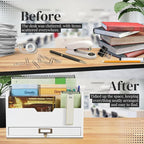 Flexzion 3 Tier Wooden Desk Organizer - Country Rustic Mail Organizer Countertop Compartments Slot File Tray Pencil Sorter Shelf Holder Accessories Set with Storage Drawer for Home Office, Beige Wood