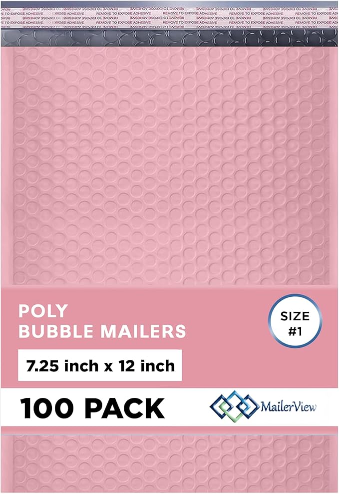 Light Pink Poly Bubble Mailers 7.25x12 inch #1 | Self Seal Padded Envelopes | Cushioned Bubble Mailer | Usable Size 7.25x11 | WaterProof | Lightweight mailing Shipping Bags | 100 Pack Bulk