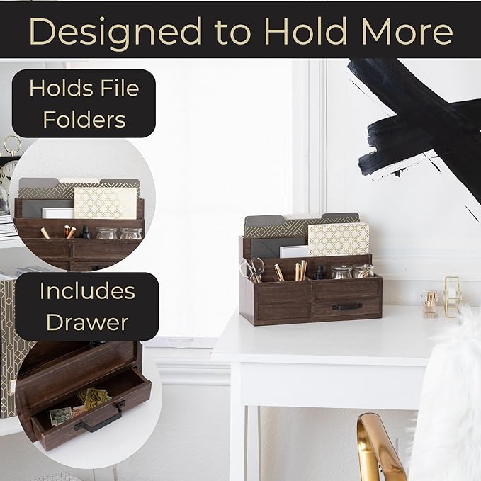 BLU MONACO | Wooden Mail Organizer with Drawer and Pen Holder | Mail Sorter Organizer Countertop for Desk or Kitchen | Outgoing Mail Holder Wood Desktop Storage