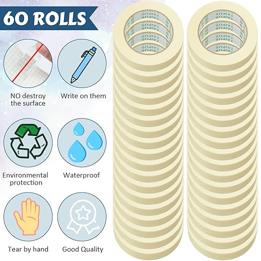 Fainne Masking Tape Bulk General Purpose Masking Painting Tape 55 Yards for Painting Home Office School Stationery Arts Crafts Basic Use, Easy Removal(60 Rolls,1 Inch)