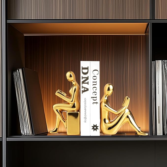 TYGKROF Decorative Bookends,Ceramic Statue Book Ends,Home Office Modern Bookends,Decor Aesthetic Reading Book Holders for Bookshelf,Bedroom Living Room Decoration Unique Bookends (Gold)