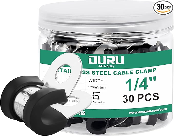 OURU 30pcs 1/4 Inch Stainless Steel Rubber Coated Cushioned Insulated Cable Clamps,Automotive Pipe Metal Clamps for Tube,Lines,Wire Cord Installation(Black,6mm)