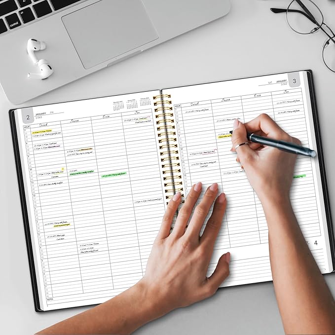 SUNEE 2026 Daily Planner, 4-Person Group Appointment Book with Quarter-Hourly Layout. Weekly & One-Page-Per-Day Format, Jan to Dec 2026, 8.5"x11",Weekly Planner, Flexible Cover, Note Pages, Bookmark, Black