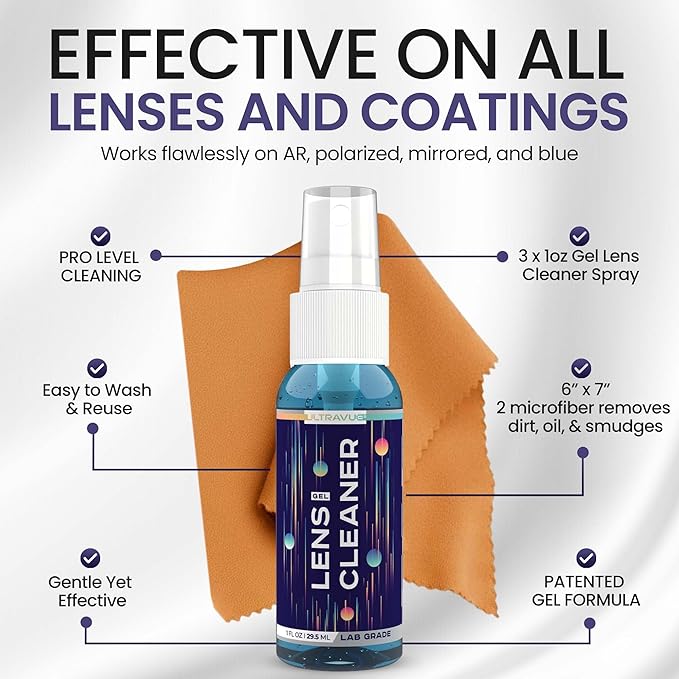 ULTRAVUE Eyeglass Gel Lens Cleaner Spray Kit - 3 x 1oz Gel Eyeglasses Cleaner Spray Bottle + 2 Microfiber Cloth for Cleaning - Safe for All Lenses (AR Coated Included), Eyeglasses and Screens