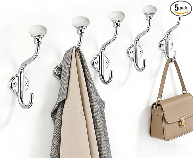 TUNNY Coat Hooks - 5 Pack Polished Chrome Towel Hooks Robe Hooks Decorative Wall Hooks for Bathroom Bedroom Kitchen Towel Robe Clothes Cabinet Closet Bathroom Hardware