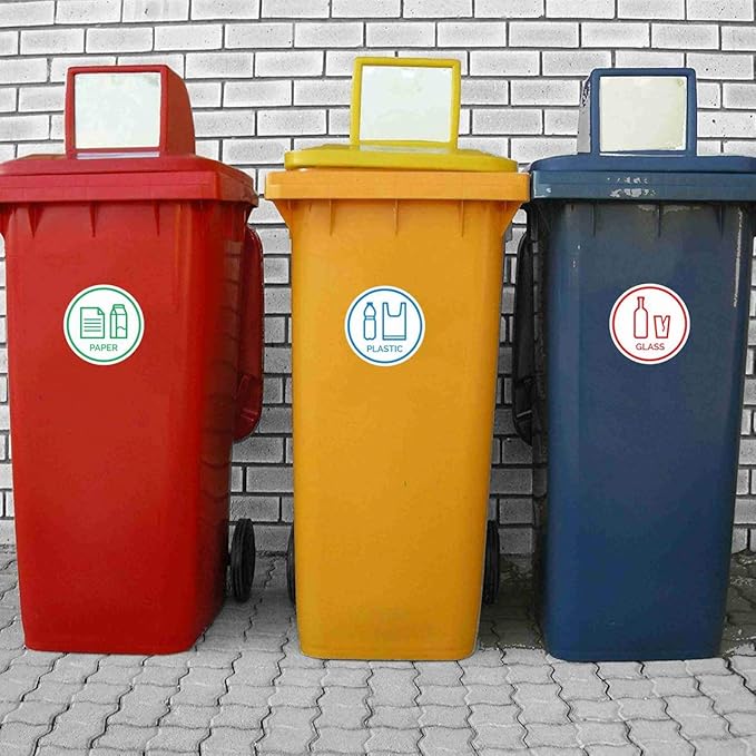 6 Pack 6" Glass, Paper, Plastic, Metal, Trash, Recycle Sign Stickers - Self-Adhesive Vinyl Decal Recycle Logos - Eco-Friendly Trash Can Signs - 6" - Indoor & Outdoor Use - Waterproof & UV Protected