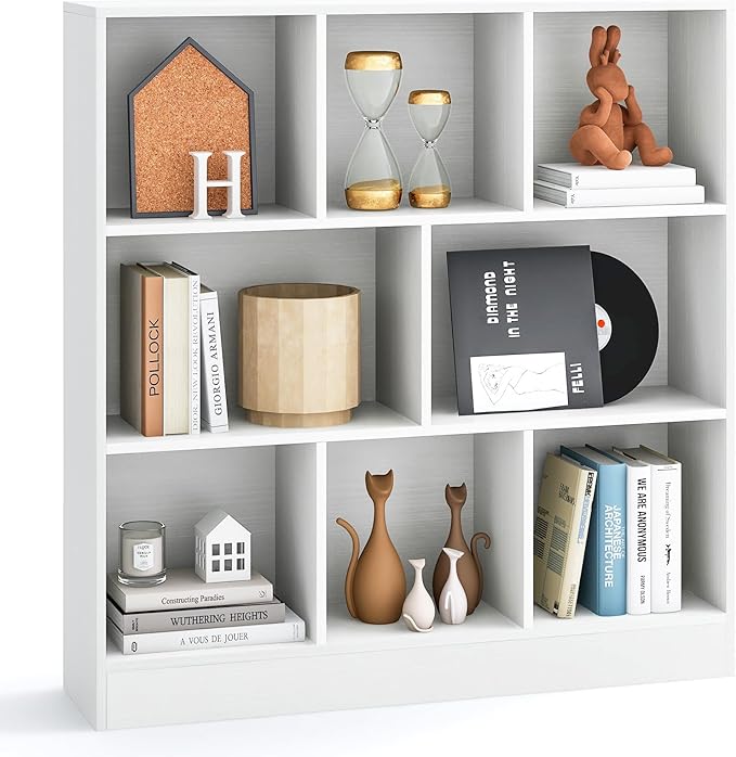 Tangkula 8-Cube Bookshelf, 39.5”L Floor Bookcase with 2 Anti-Tipping Kits, Freestanding Storage Organizer, 4-Tier Display Shelf for Home, Office & Dorms, Natural/White (White, 8-Cube)