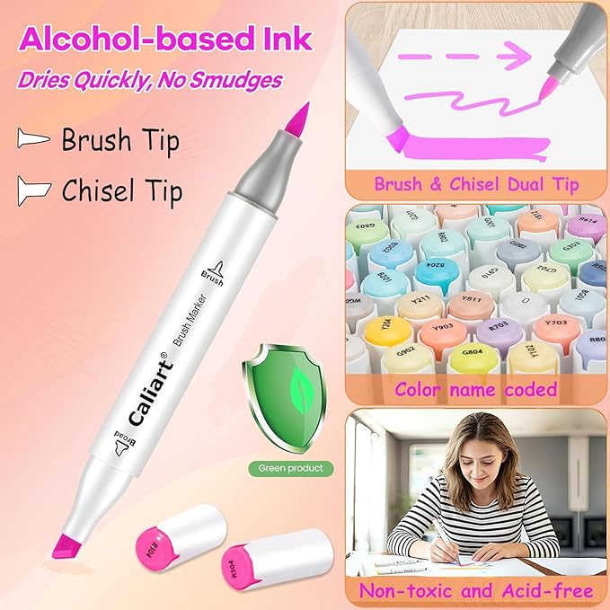 Caliart Alcohol Markers Brush Tip, 51 Colors Dual Tip Artists Coloring Markers Set Brush & Chisel, Permanent Alcohol Based Colored Sketch Pens, Art Supplies Gifts for Adults Drawing Illustration