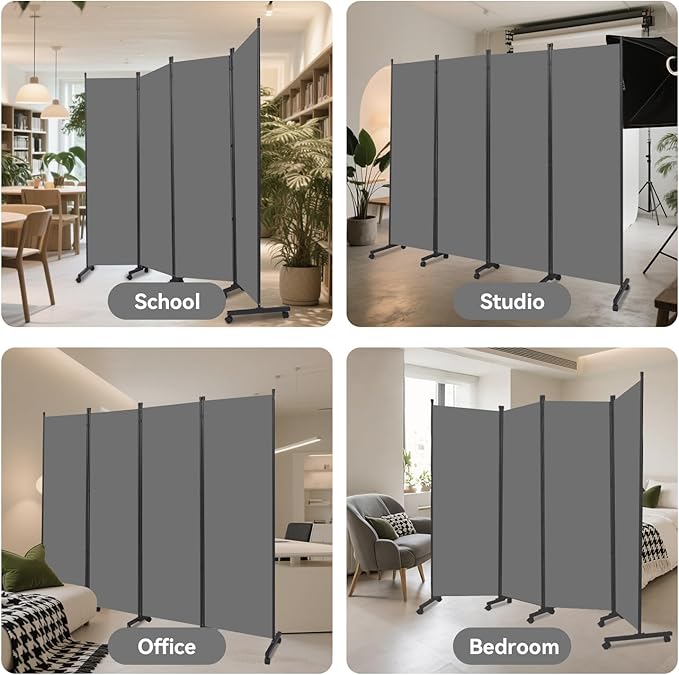 Room Divider (4 Panel) Wall Divider for Room Separation, 88 inch Wide Portable Privacy Screens W/Wheels, Metal Frame Freestanding Room Separators 5.6FT Room Partitions and Dividers