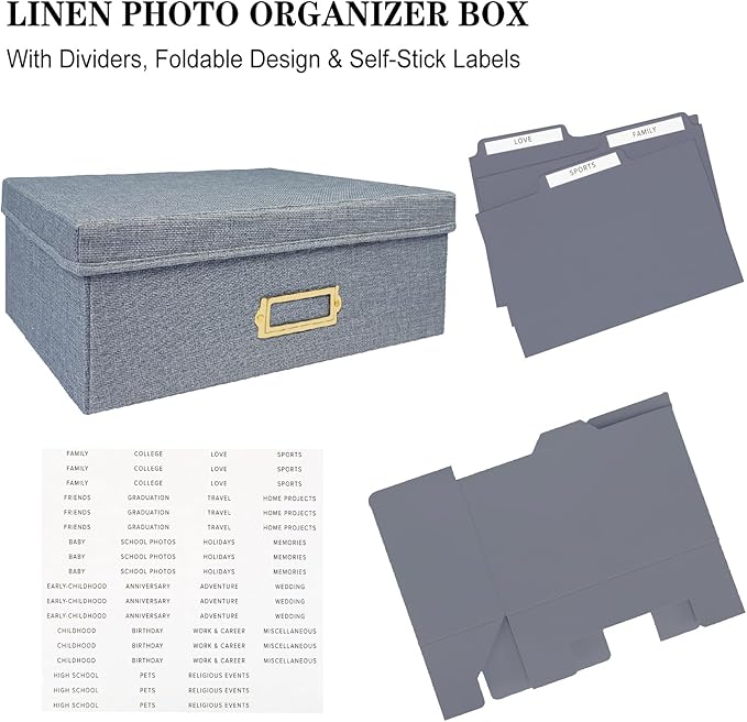 Sprsthai Linen Photo Storage Box – Holds 1700 Photos, 24 Adjustable Dividers & 72 Labels Multi-Use Organizer for Photos, Envelopes, Recipes Beige