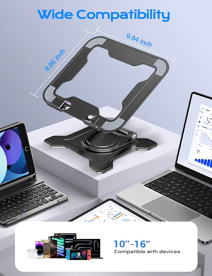 JCZT Adjustable Laptop Stand for Desk, 360° Rotating Base Ergonomic Computer Stand, Laptop Riser Foldable Protable for Office Home Fits Compatible with MacBook Pro/Air Notebook up to 10-16" Black