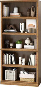 blini 5-Shelf Tall Bookcase Wooden Bookshelves 33in Wide Floor Standing Display Storage Shelves Vintage Oak Bookcase for Home Office, Living Room, Bed Room