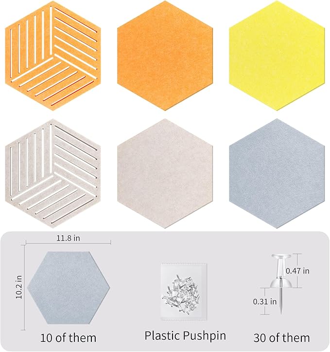 Fwpelt 12'' Medium Hexagon Cork-Bulletin Board Tiles Frameless 10 Pack Adhesive Removable Felt Corkboard Decorative Prayer-Vision Board for Home-Office Wall Decor, Hex Tack Pinboard with 30 Pushpins