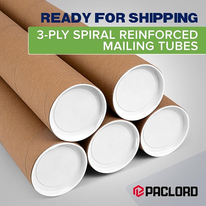 4" x 36" Reinforced Kraft Paper Mailing Tubes, Pack of 2 Tubes with 2 Caps Each – USPS Approved Poster Tube – Made in USA Cardboard Tube for Shipping and Storing Posters, Prints, Artwork, or Documents