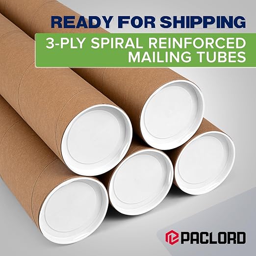 4" x 36" Reinforced Kraft Paper Mailing Tubes, Pack of 4 Tubes with 2 Caps Each – USPS Approved Poster Tube – Made in USA Cardboard Tube for Shipping and Storing Posters, Prints, Artwork, or Documents