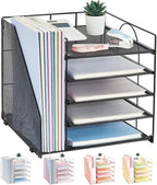 LEKETREE Desk Organizers and Accessories, 5-Tier Paper Letter Tray Organizer with File Holder, Desktop Organizer for Office Supplies (Black)