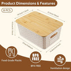 AntStep 8 Pack Plastic Storage Bins with Bamboo Lids - Stackable Storage Baskets with Handle for Pantry Organizer and Storage, Plastic Containers Bins Lidded Storage Bins for Classroom Office Shelves
