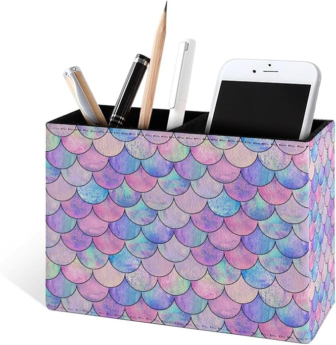 Famame Pastel Mermaid Scale Pencil Holder for Desk, Leather Desktop Container Pen Cup Storage Study Table Pen Organizer Makeup Brushes Holder for Office Home