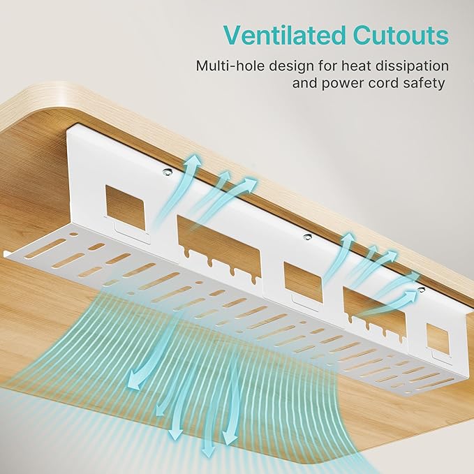 PEGZONE Under Desk Cable Management Tray, 31.5 Inches Metal Cord Organizer Rack, Desk Tray for Power Strip, Cord, Wire, Easy Mounting Cable Management Under Table for Home Office, White